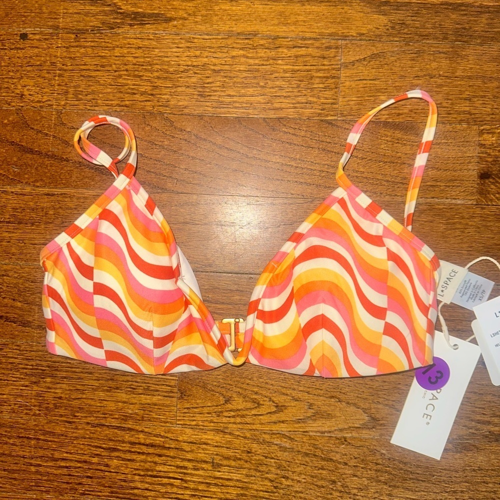 L*SPACE Retro Wave Pink Orange Striped Bikini Top - NWT XS